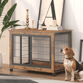 Furniture Double Door Dog Cage, Rustic Brown