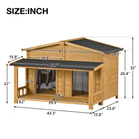 Large Wooden Dog House Outdoor Hut Style With Porch, 2 Doors